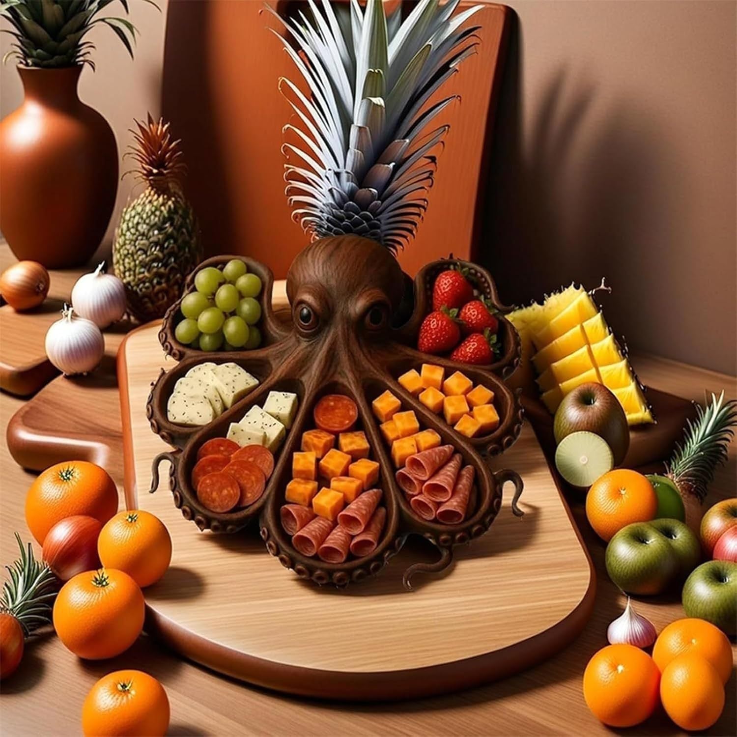Style B Brown Artisan Crafted Solid Wood Octopus Charcuterie Board - Unique Appetizer & Cheese Serving Platter 4