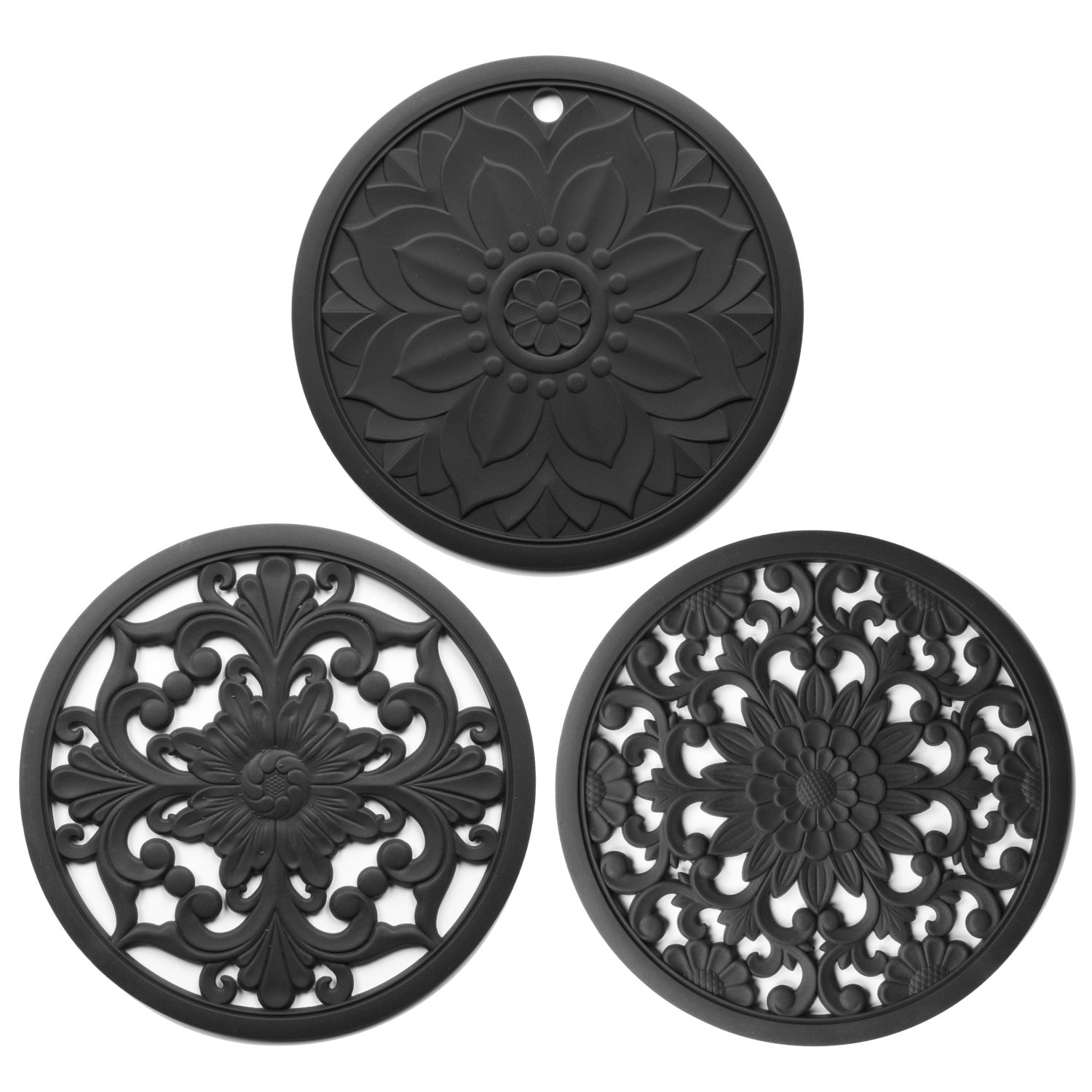 Elegant Floral Silicone Trivet Mat Set (3-Pack, Black) - Heat Resistant, Non-Slip Kitchen Hot Pads & Pot Holders