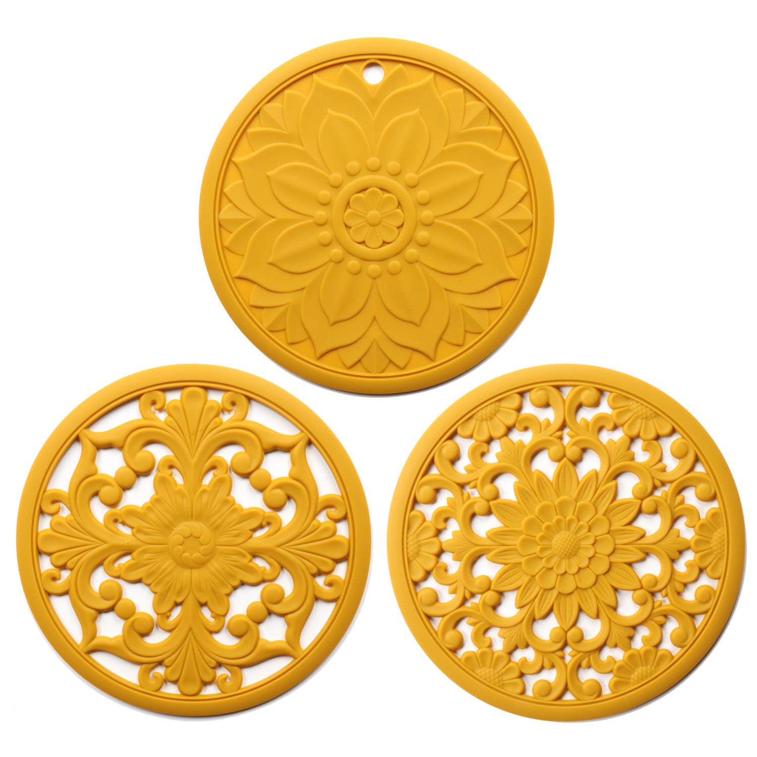 Elegant Floral Silicone Trivet Mat Set (3-Pack, Yellow) - Heat Resistant, Non-Slip Kitchen Hot Pads & Pot Holders