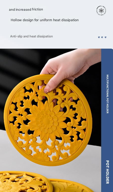 Elegant Floral Silicone Trivet Mat Set (3-Pack, Dark Blue) - Heat Resistant, Non-Slip Kitchen Hot Pads & Pot Holders 6