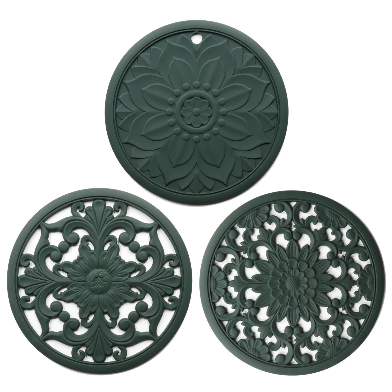 Elegant Floral Silicone Trivet Mat Set (3-Pack, Dark Green) - Heat Resistant, Non-Slip Kitchen Hot Pads & Pot Holders