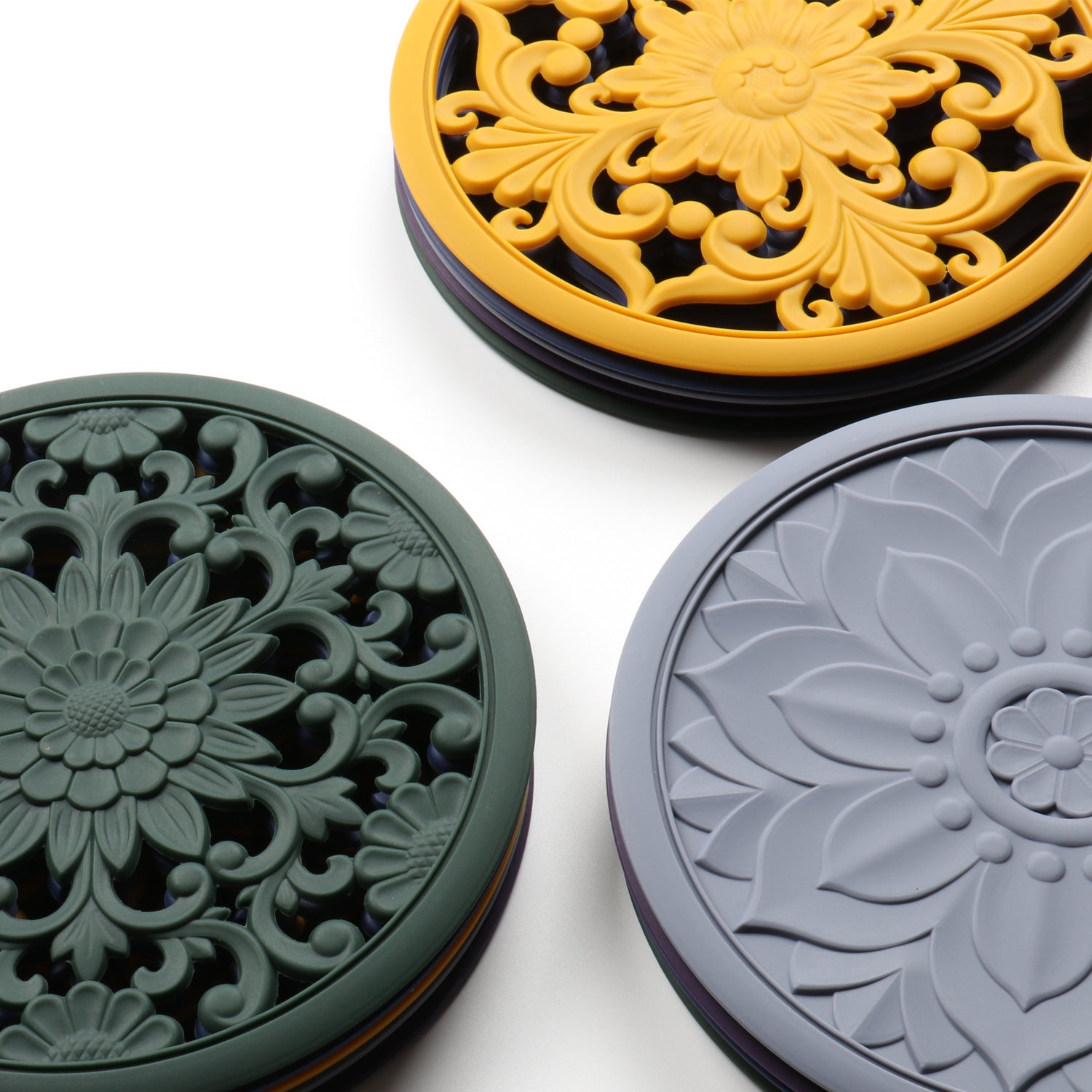 Elegant Floral Silicone Trivet Mat Set (3-Pack, Dark Green) - Heat Resistant, Non-Slip Kitchen Hot Pads & Pot Holders