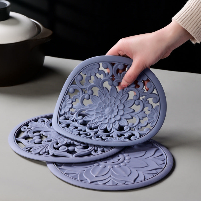 Elegant Floral Silicone Trivet Mat Set (3-Pack, Dark Green) - Heat Resistant, Non-Slip Kitchen Hot Pads & Pot Holders 4