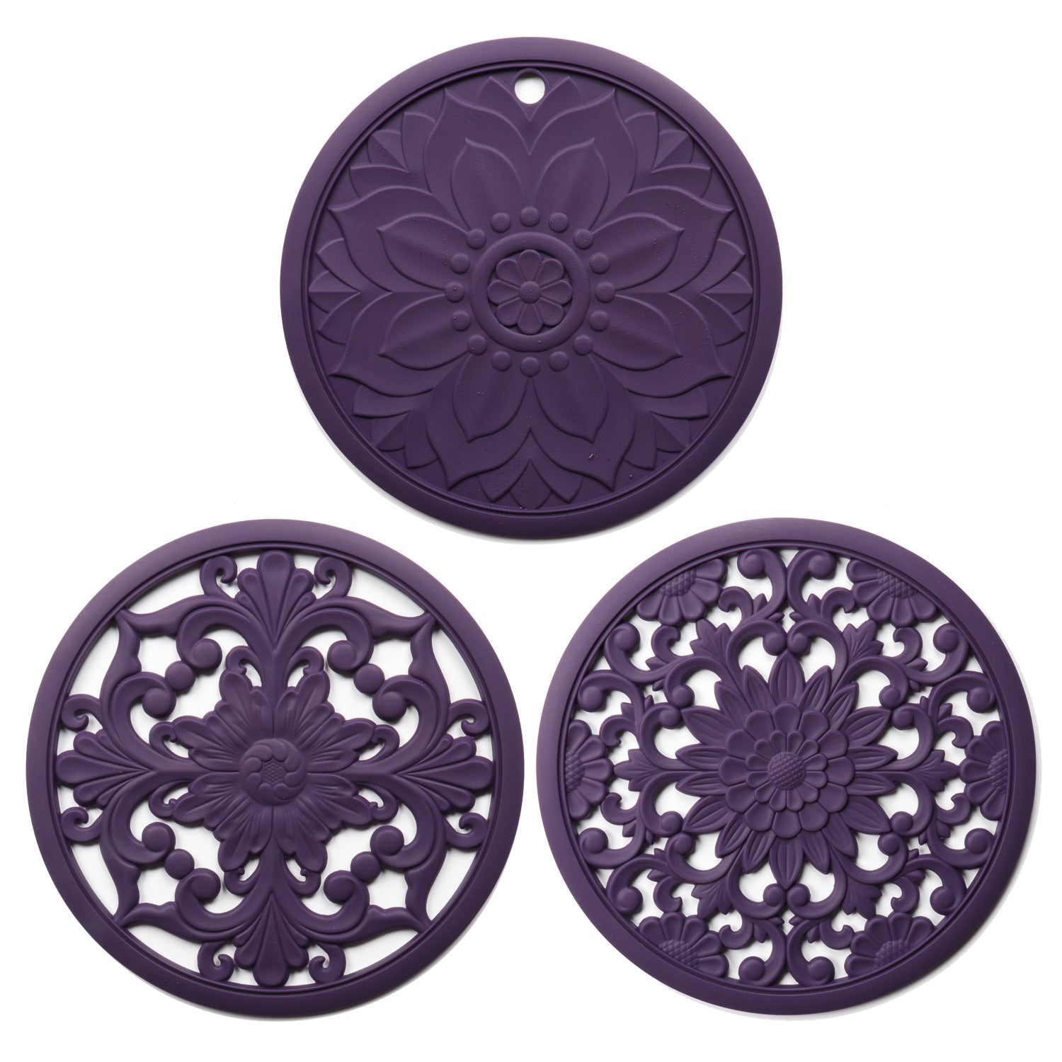 Elegant Floral Silicone Trivet Mat Set (3-Pack, Dark Purple) - Heat Resistant, Non-Slip Kitchen Hot Pads & Pot Holders