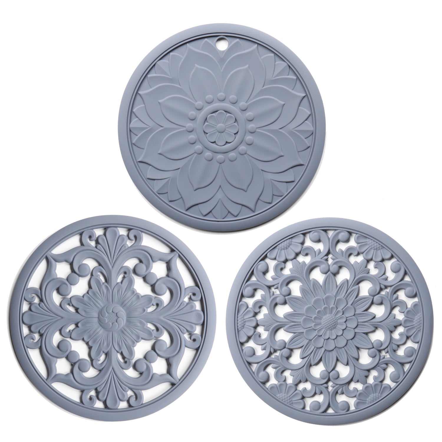 Elegant Floral Silicone Trivet Mat Set (3-Pack, Grey) - Heat Resistant, Non-Slip Kitchen Hot Pads & Pot Holders