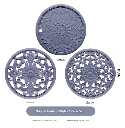 Elegant Floral Silicone Trivet Mat Set (3-Pack, Grey) - Heat Resistant, Non-Slip Kitchen Hot Pads & Pot Holders 3