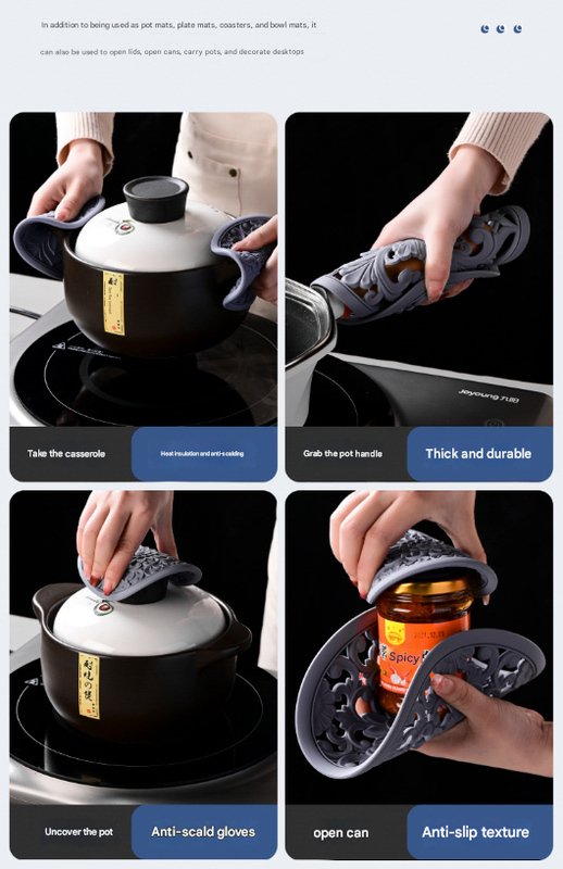 Elegant Floral Silicone Trivet Mat Set (3-Pack, Grey) - Heat Resistant, Non-Slip Kitchen Hot Pads & Pot Holders 7