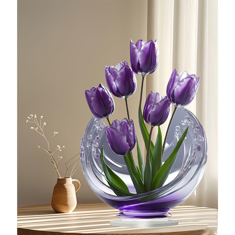 2 Pcs Charming Purple Tulip 2D Acrylic Ornament - Flat Floral Tabletop Art Decor Accent