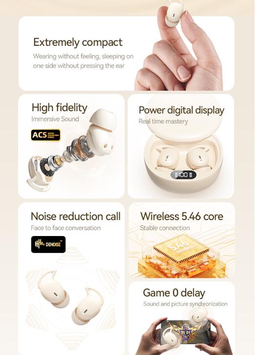 Beige Ultra-Comfort Wireless Sleep Earbuds - Bluetooth 5.4, Hi-Res Audio, Noise Isolating, 60H Playtime for Side Sleepers 5
