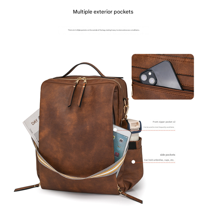 Beige Women's Vintage PU Leather Anti-Theft Backpack - Convertible Shoulder Bag & Laptop Rucksack for Travel & Daily Use 6