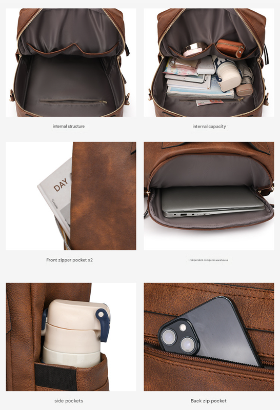 Grey Women's Vintage PU Leather Anti-Theft Backpack - Convertible Shoulder Bag & Laptop Rucksack for Travel & Daily Use 8