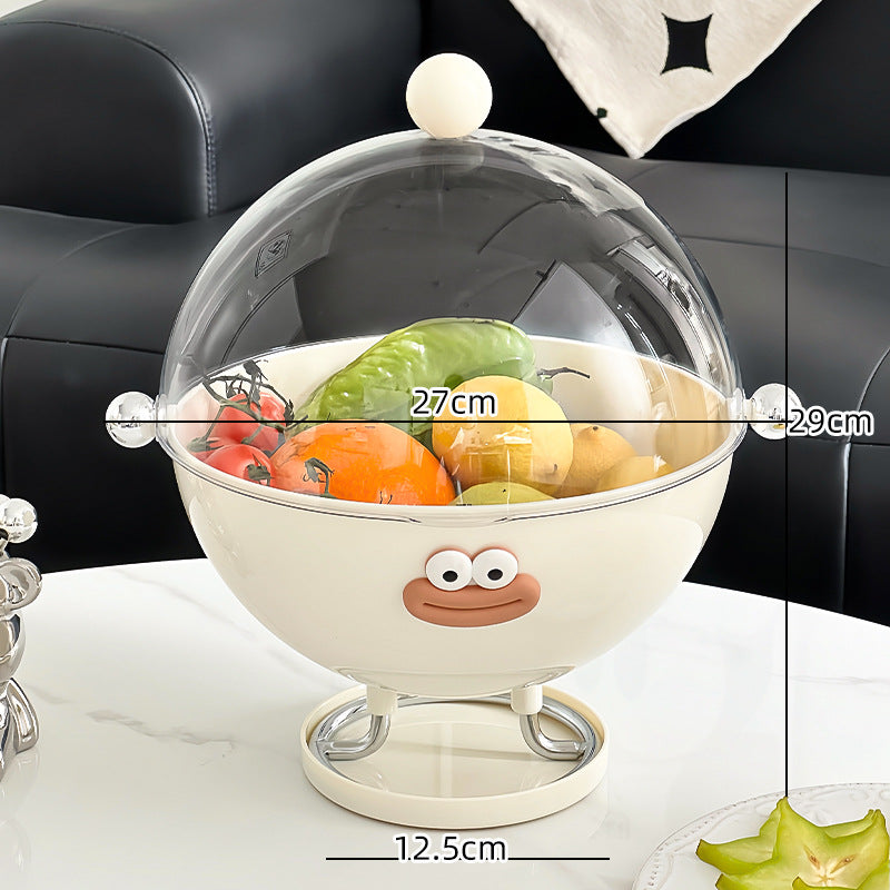 Beige Whimsical Covered Fruit Bowl with Flip Lid & Drainer - Cute Design Snack & Candy Dish for Living Room