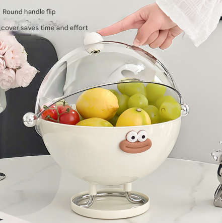 Beige Whimsical Covered Fruit Bowl with Flip Lid & Drainer - Cute Design Snack & Candy Dish for Living Room 3