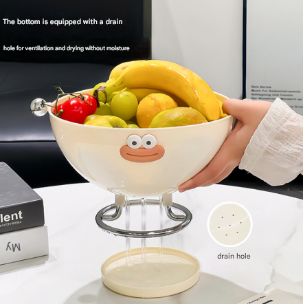 Beige Whimsical Covered Fruit Bowl with Flip Lid & Drainer - Cute Design Snack & Candy Dish for Living Room 5