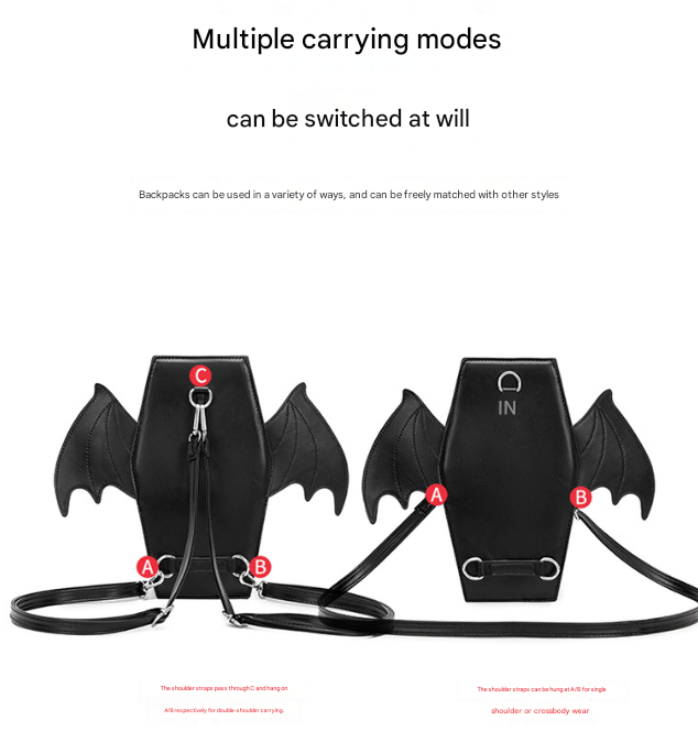 Black Gothic Coffin Bat Wing Convertible Crossbody Bag - Punk PU Leather Shoulder Purse & Mini Backpack 3