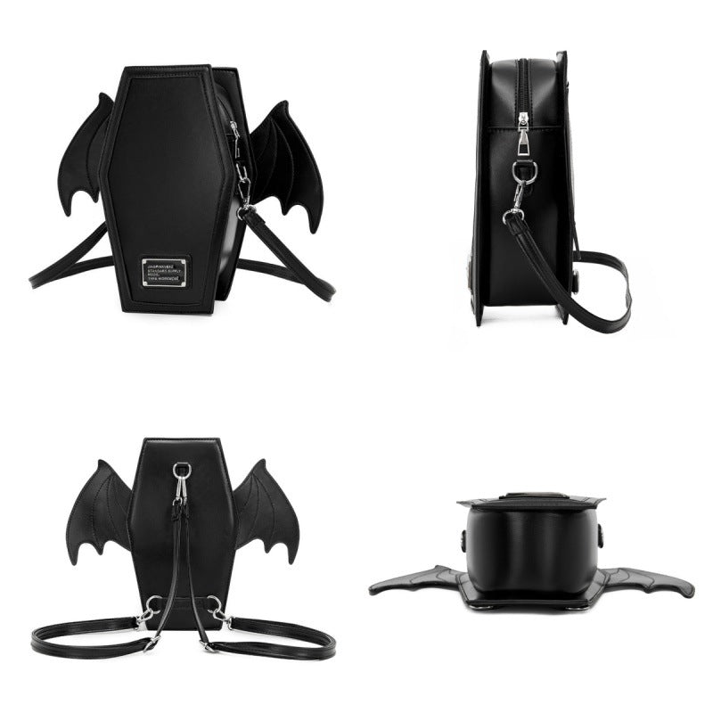 Rose Red Gothic Coffin Bat Wing Convertible Crossbody Bag - Punk PU Leather Shoulder Purse & Mini Backpack 3