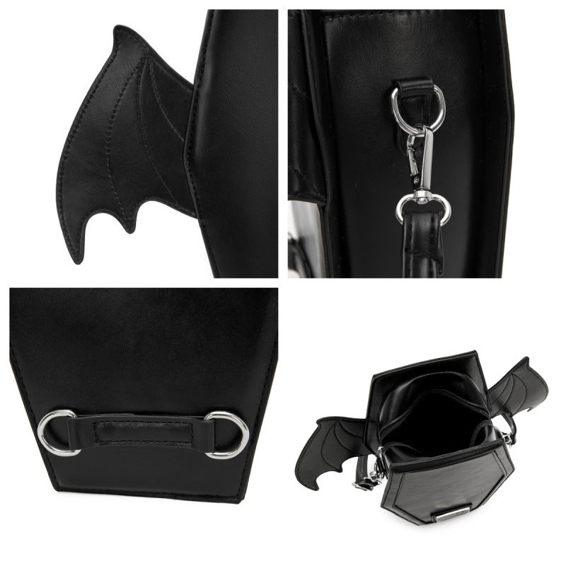 Rose Red Gothic Coffin Bat Wing Convertible Crossbody Bag - Punk PU Leather Shoulder Purse & Mini Backpack 4