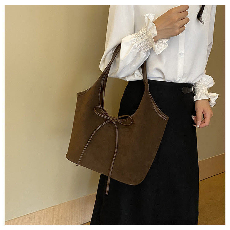 Brown Chic Retro Suede-Finish PU Leather Tote Bag - Large Capacity Shoulder Bag with Tie Accent 5