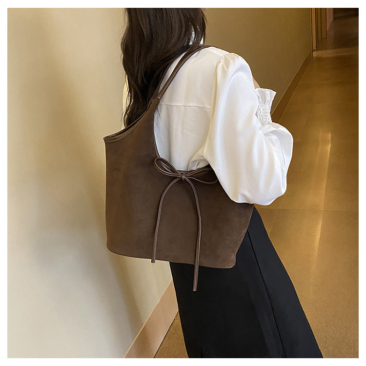 Brown Chic Retro Suede-Finish PU Leather Tote Bag - Large Capacity Shoulder Bag with Tie Accent 6