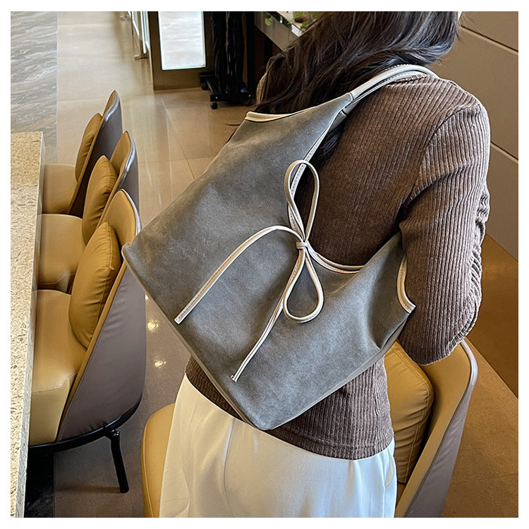 Grey Chic Retro Suede-Finish PU Leather Tote Bag - Large Capacity Shoulder Bag with Tie Accent 5
