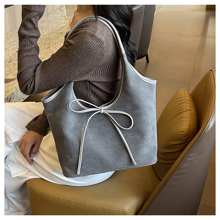 Grey Chic Retro Suede-Finish PU Leather Tote Bag - Large Capacity Shoulder Bag with Tie Accent 6
