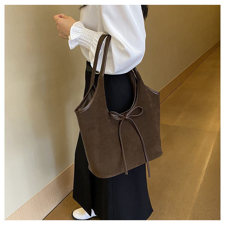 Coffee Chic Retro Suede-Finish PU Leather Tote Bag - Large Capacity Shoulder Bag with Tie Accent 5