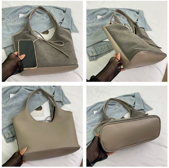 Black Chic Retro Suede-Finish PU Leather Tote Bag - Large Capacity Shoulder Bag with Tie Accent 3