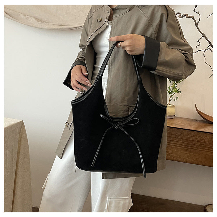 Black Chic Retro Suede-Finish PU Leather Tote Bag - Large Capacity Shoulder Bag with Tie Accent 6
