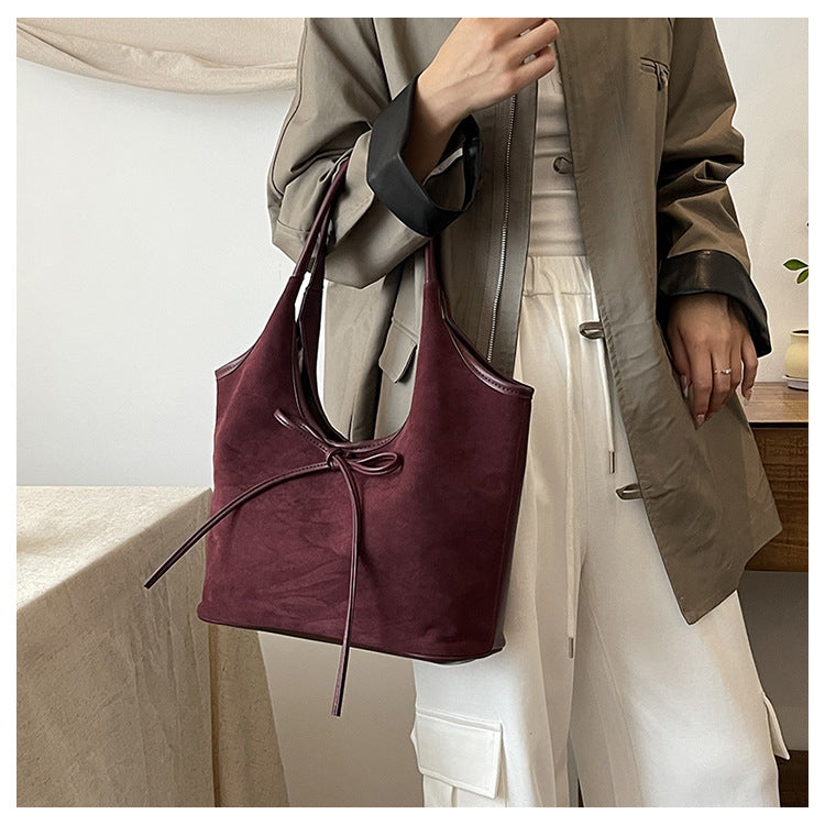 Claret Red Chic Retro Suede-Finish PU Leather Tote Bag - Large Capacity Shoulder Bag with Tie Accent 5