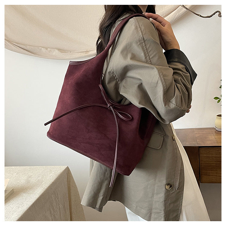 Claret Red Chic Retro Suede-Finish PU Leather Tote Bag - Large Capacity Shoulder Bag with Tie Accent 6