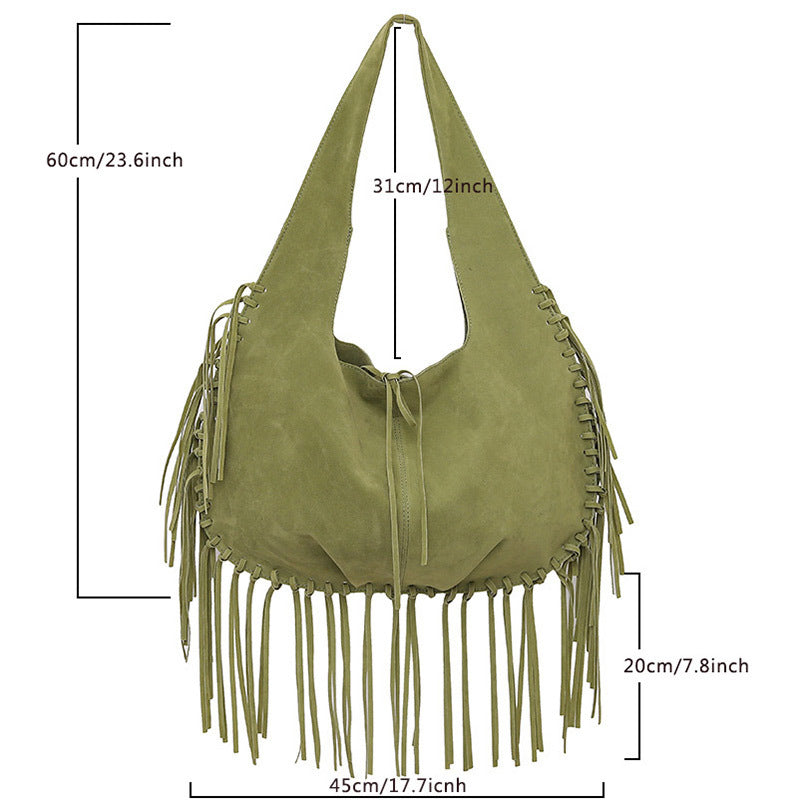 Green Boho Chic Fringed Hobo Bag - Large Capacity Soft Faux Suede Shoulder Tote with Tassel Detail 3