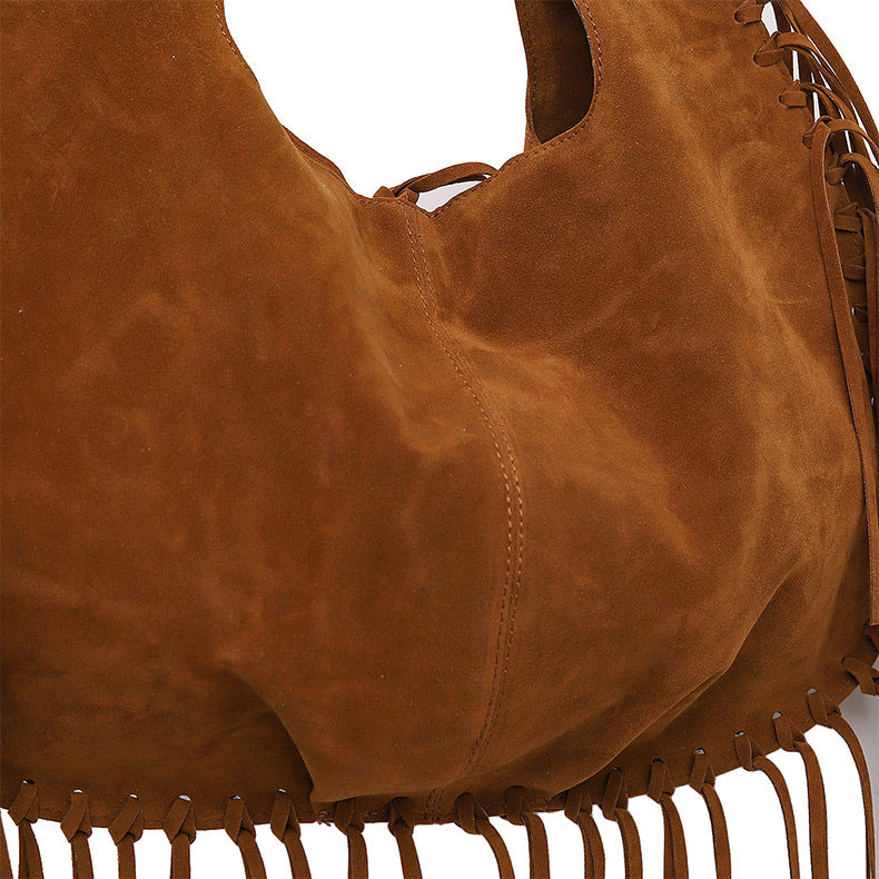 Green Boho Chic Fringed Hobo Bag - Large Capacity Soft Faux Suede Shoulder Tote with Tassel Detail 5