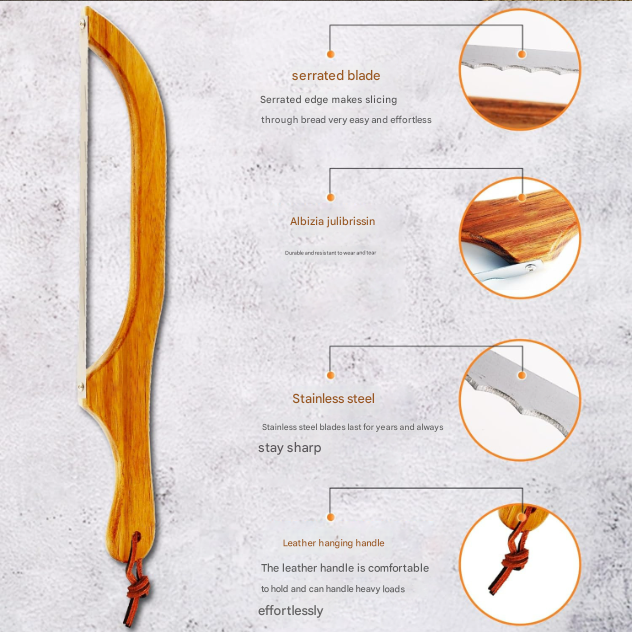 2 Pcs Khaki Artisan Wooden Bread Bow Knife - Serrated Stainless Steel Slicer for Effortless Crumb-Free Cutting 3