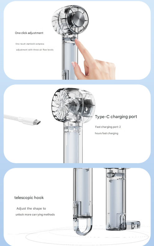 Transparent Black Portable Mini Cooling Fan with Semiconductor Ice Compress - USB-C Rechargeable, 3-Speed Turbine & Transparent Design 5