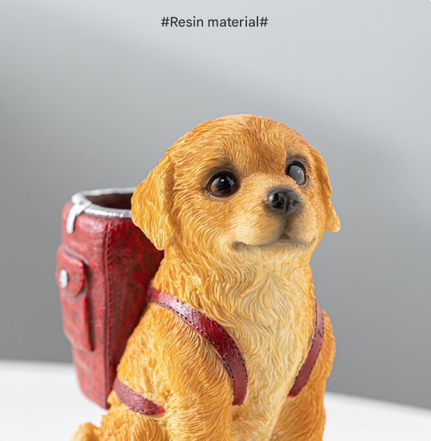 Blue Backpack Charming Golden Retriever Puppy Pen Holder - Resin Desktop Organizer & Decorative Figurine 4