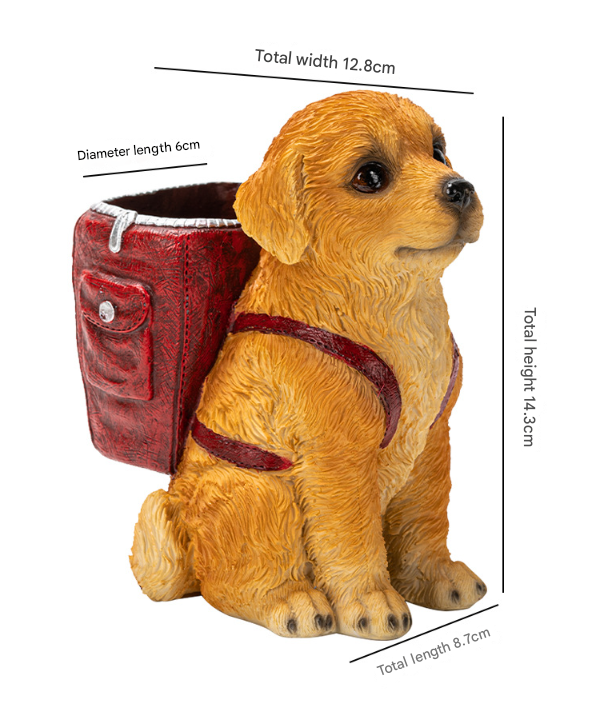 Red Backpack Charming Golden Retriever Puppy Pen Holder - Resin Desktop Organizer & Decorative Figurine 3