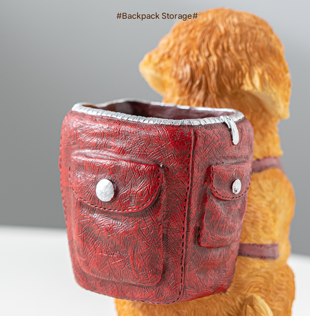 Red Backpack Charming Golden Retriever Puppy Pen Holder - Resin Desktop Organizer & Decorative Figurine 4