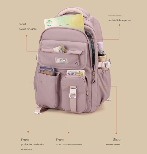 Light Purple Large Capacity Waterproof Student Backpack - Fits 15-Inch Laptop, Multi-Pocket Travel Daypack 4