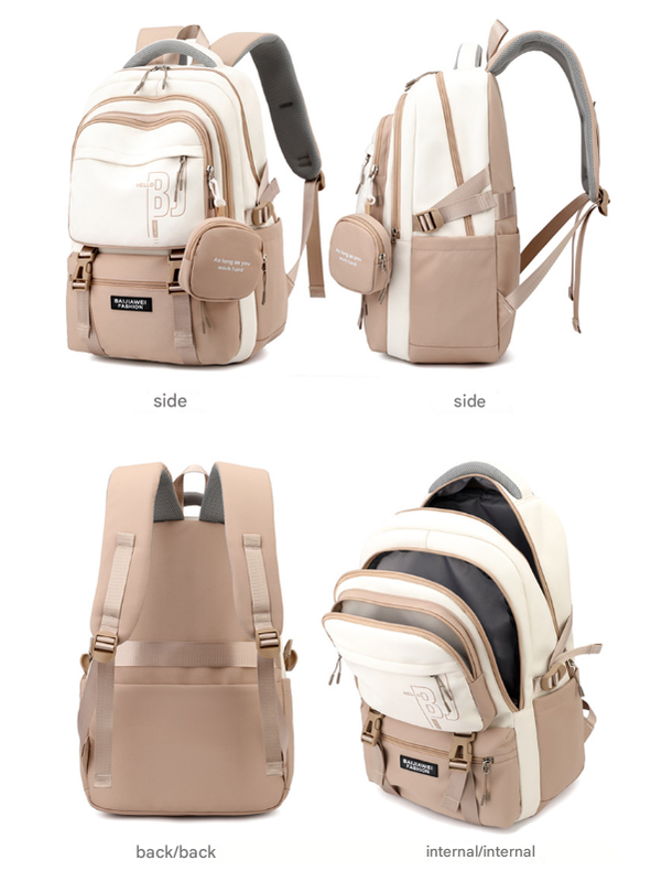 Brown and White Large Capacity Student Backpack - Durable Oxford Cloth School Bag with Laptop Compartment & Multiple Pockets 4