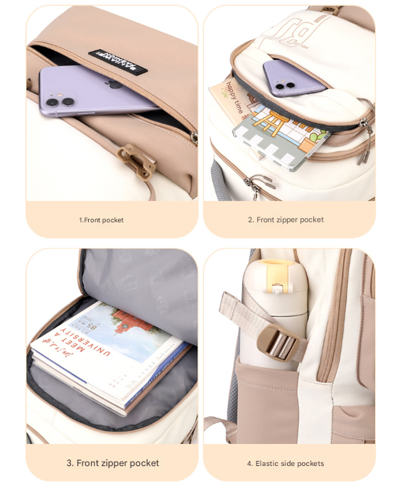 Brown and White Large Capacity Student Backpack - Durable Oxford Cloth School Bag with Laptop Compartment & Multiple Pockets 6