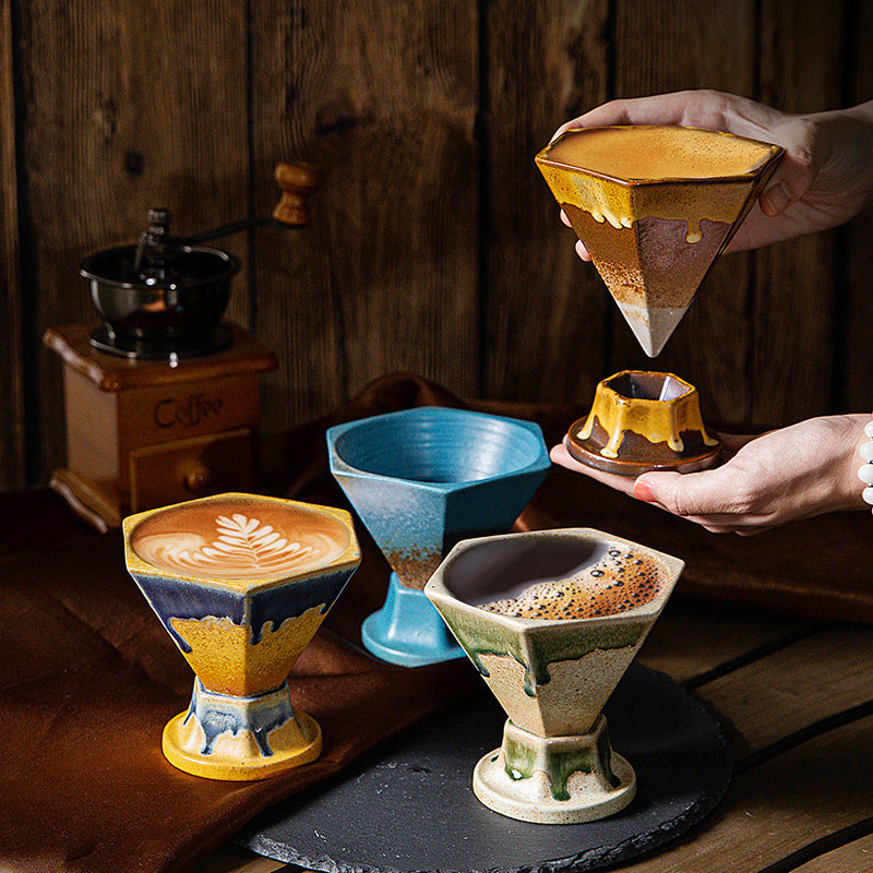 Brown and Gold Artistic Hexagonal Ceramic Coffee Cup & Stand Set - 180ml Nordic Design Drip Glaze Mug