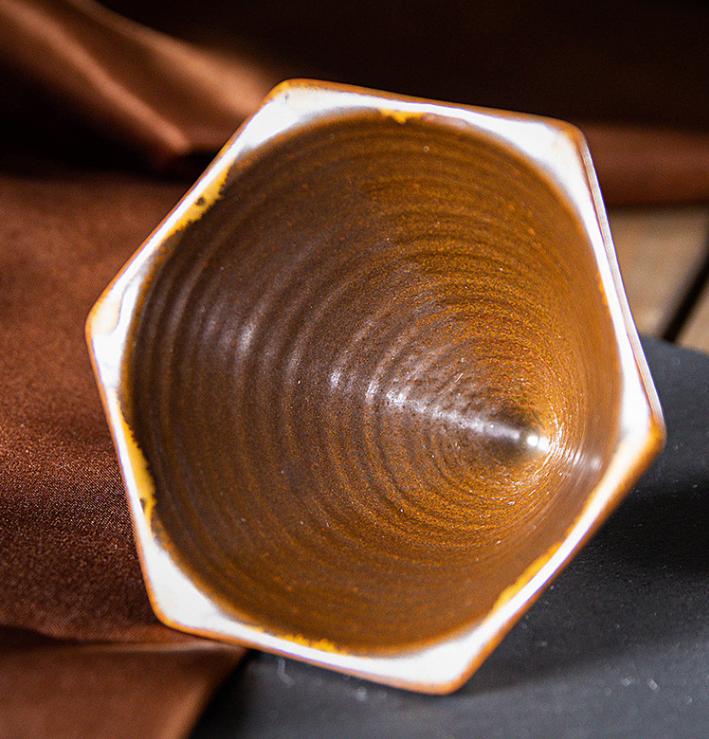 Blue and Brown Artistic Hexagonal Ceramic Coffee Cup & Stand Set - 180ml Nordic Design Drip Glaze Mug 5