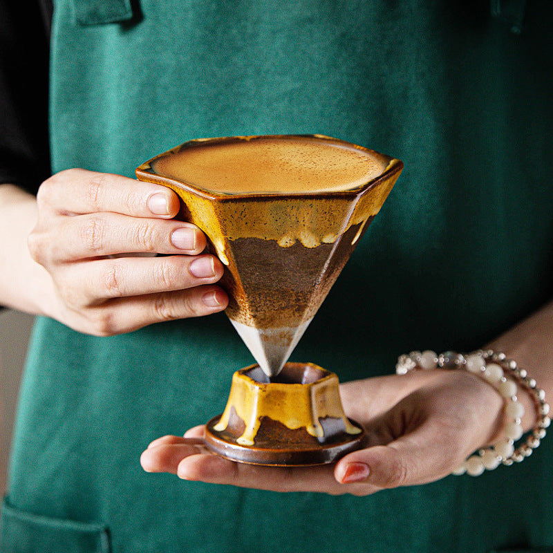 Blue and Gold Artistic Hexagonal Ceramic Coffee Cup & Stand Set - 180ml Nordic Design Drip Glaze Mug 4