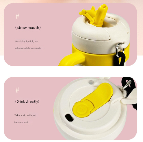 Beige and Yellow 700ml Insulated Stainless Steel Tumbler with Handle, Dual-Sip Lid, Straw & Tea Infuser 6