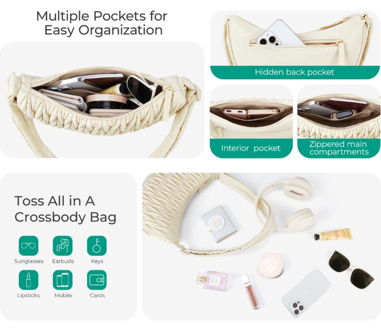 Brown Chic Pleated Crescent Sling Bag - Water-Resistant Lightweight Crossbody & Shoulder Purse 5