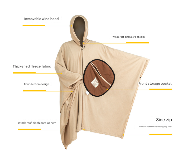 Khaki Cozy 4-in-1 Wearable Fleece Poncho Sleeping Bag - Multifunctional Camping Blanket with Detachable Hood 3