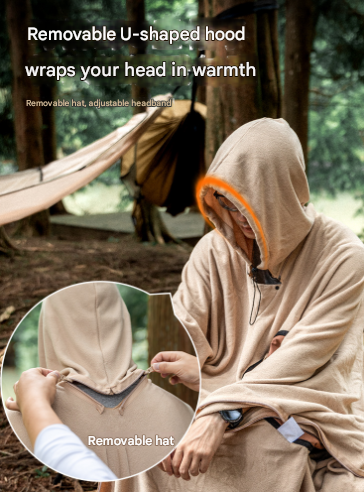 Khaki Cozy 4-in-1 Wearable Fleece Poncho Sleeping Bag - Multifunctional Camping Blanket with Detachable Hood 5