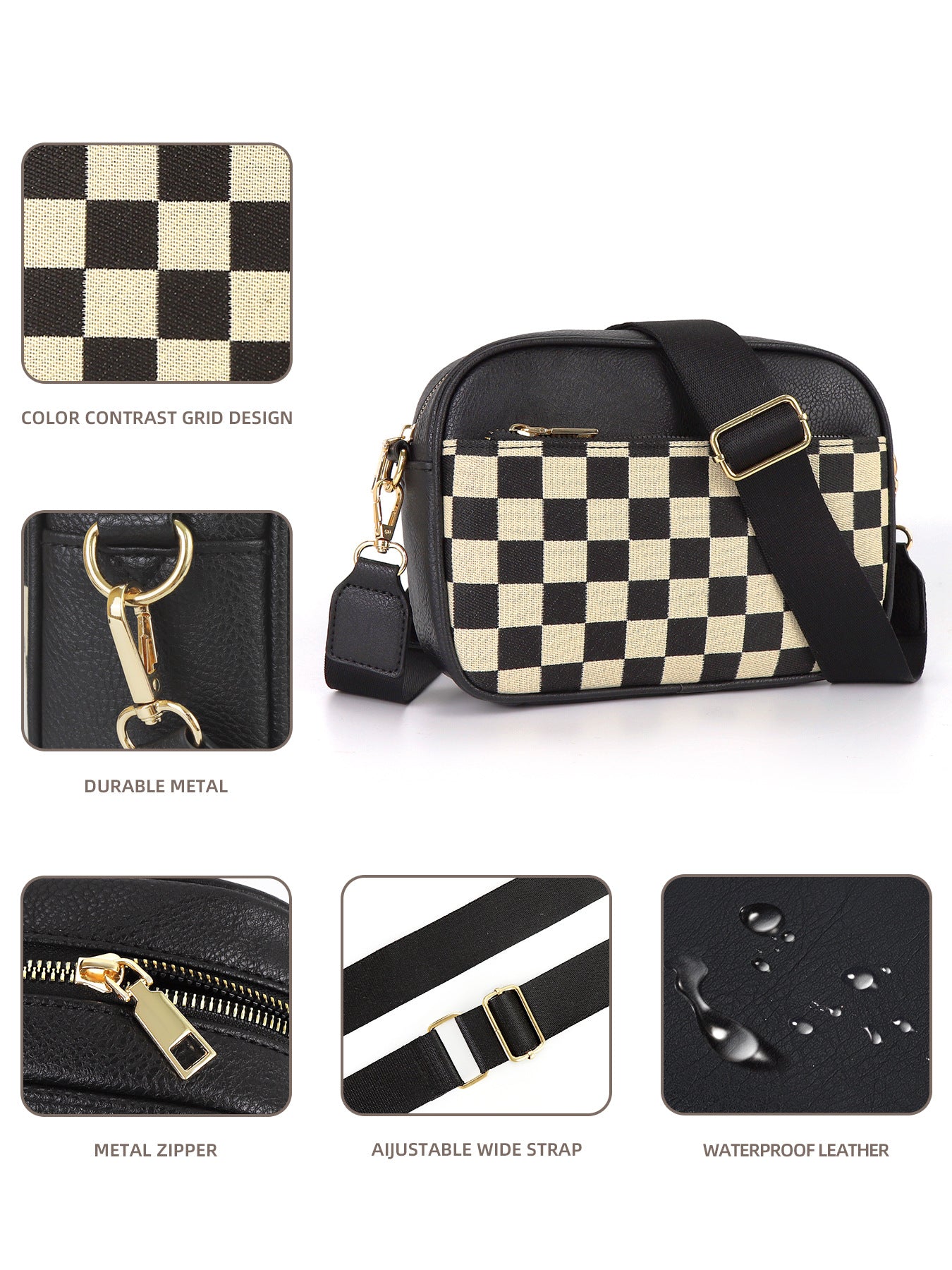 Black Stylish Checkerboard Crossbody Camera Bag - PU Leather with Adjustable Wide Strap 3