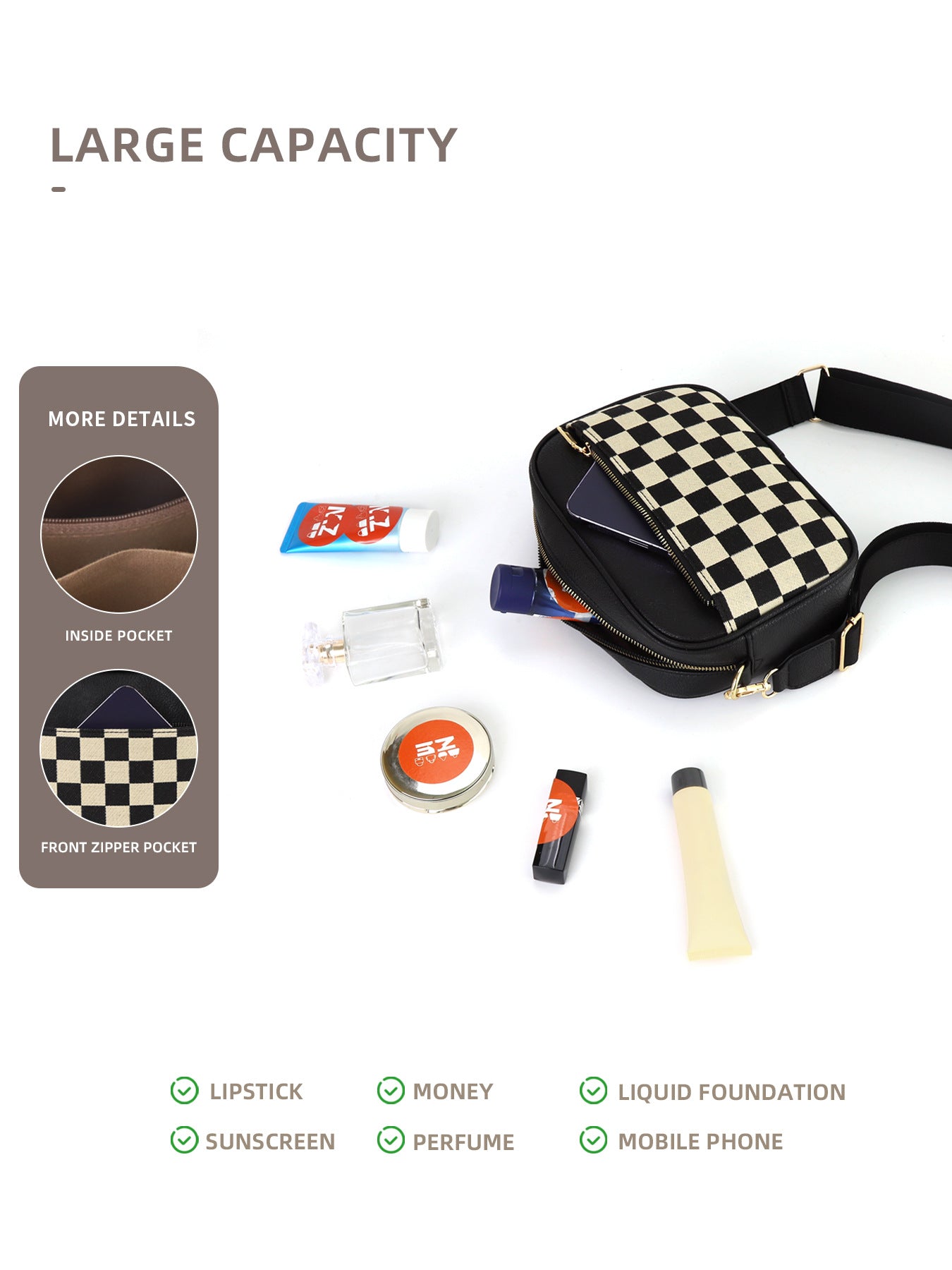 Black Stylish Checkerboard Crossbody Camera Bag - PU Leather with Adjustable Wide Strap 4
