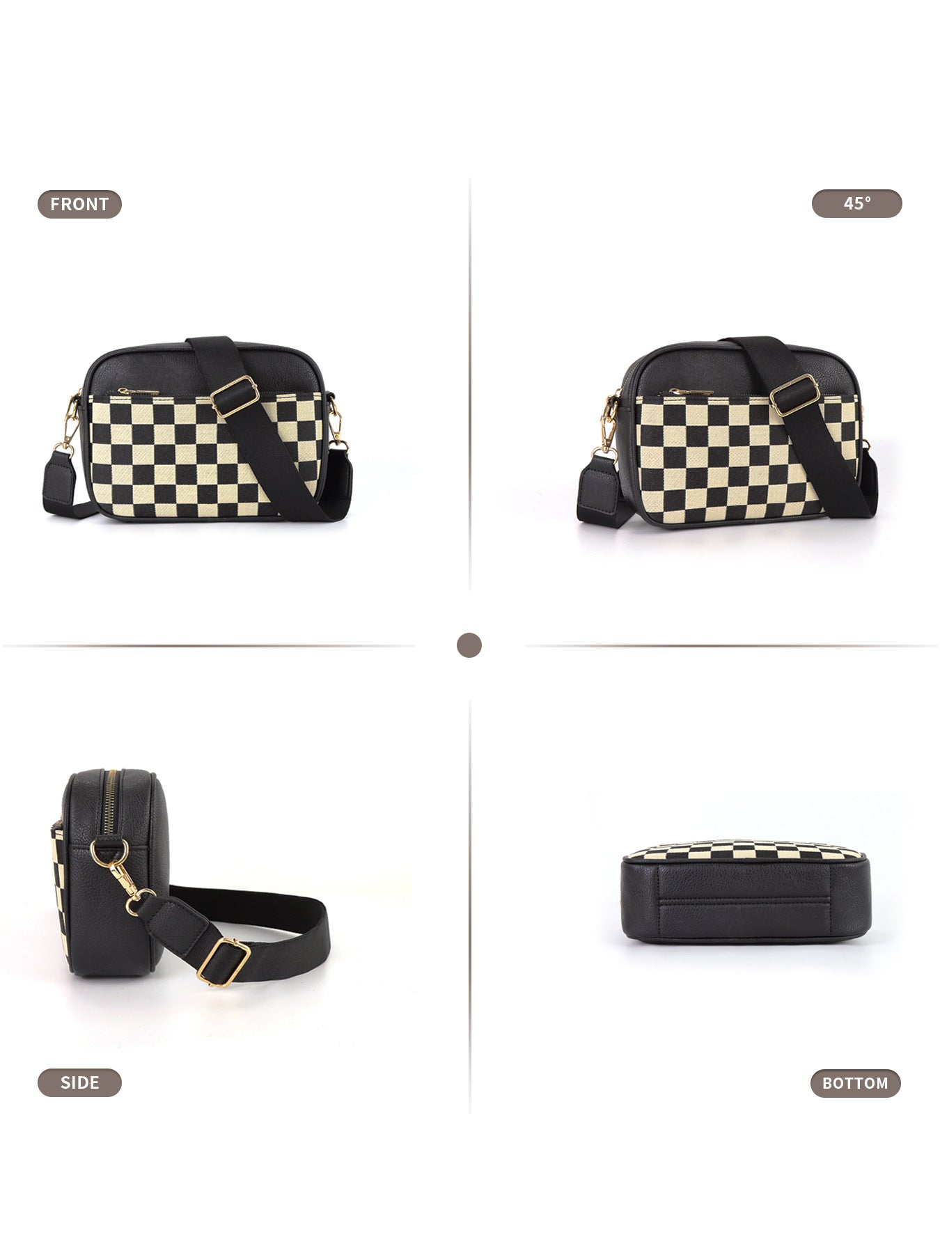 Black Stylish Checkerboard Crossbody Camera Bag - PU Leather with Adjustable Wide Strap 5